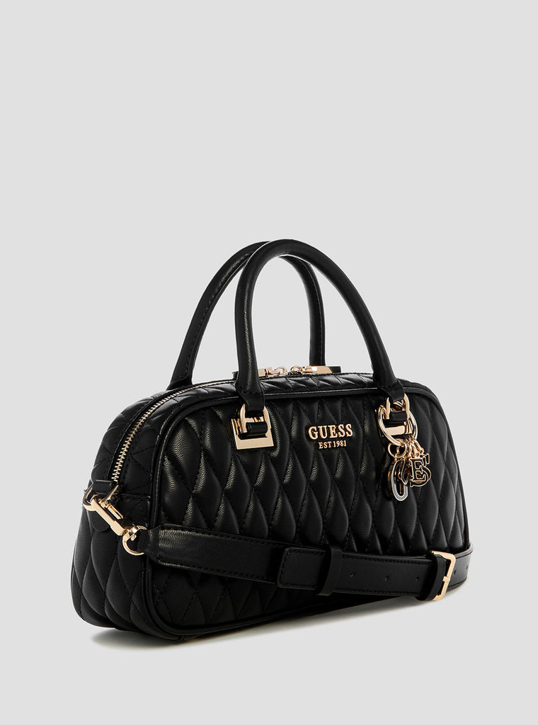 GUESS Valla Small Satchel - Borsa A Spalla Donna In Nero, Dettagli Oro, Dimensioni 12x3x6 Cm