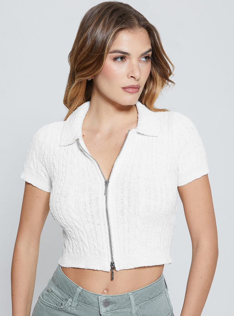 White Two Way Zip Kora Knit Top | GUESS