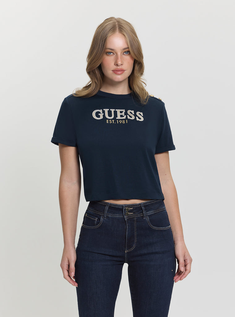 Blue Rhinestone Logo Cropped T-Shirt | GUESS