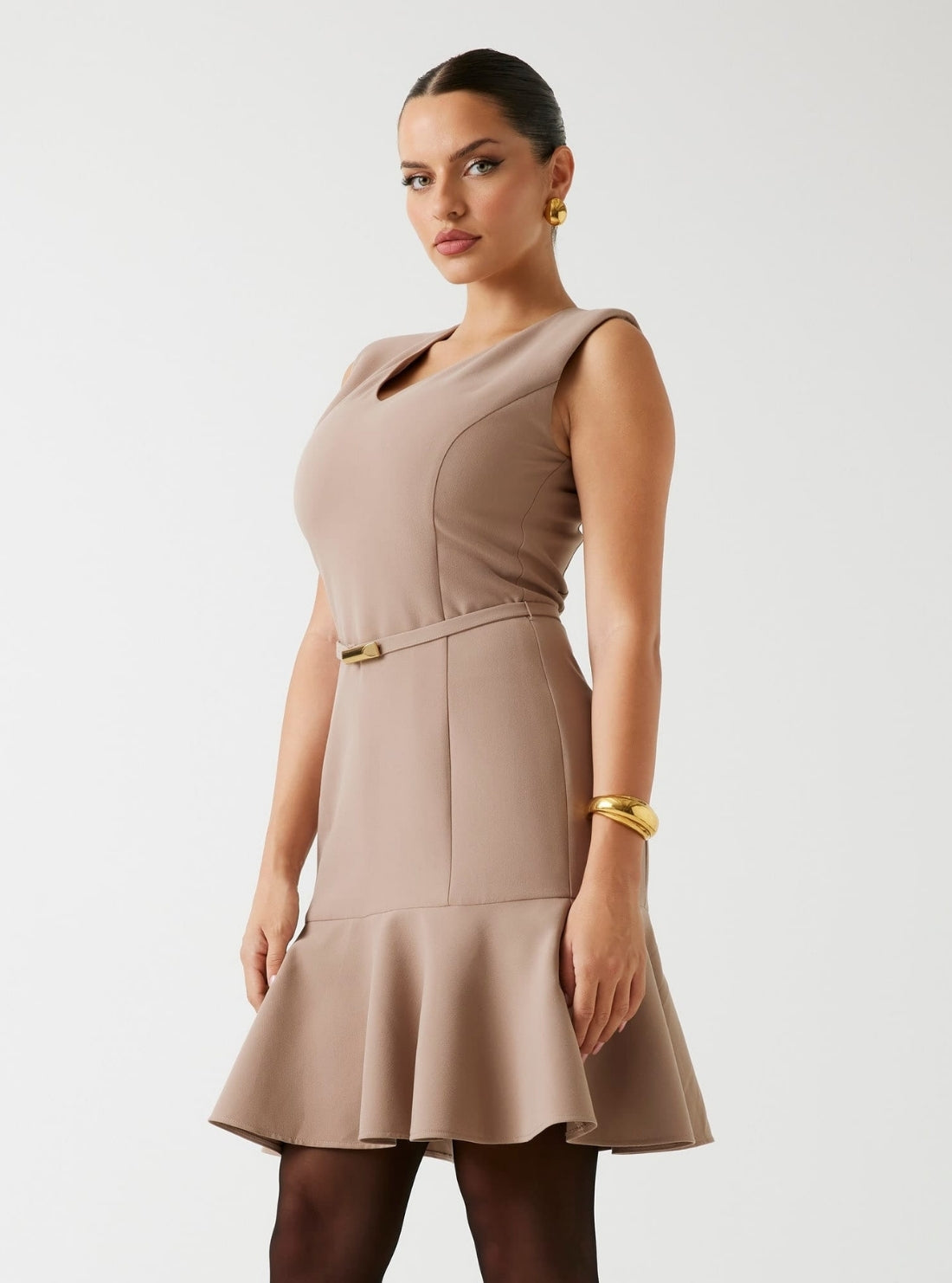 GUESS Marciano Beige Dalia Flared Mini Dress 5BGK177046A Front View