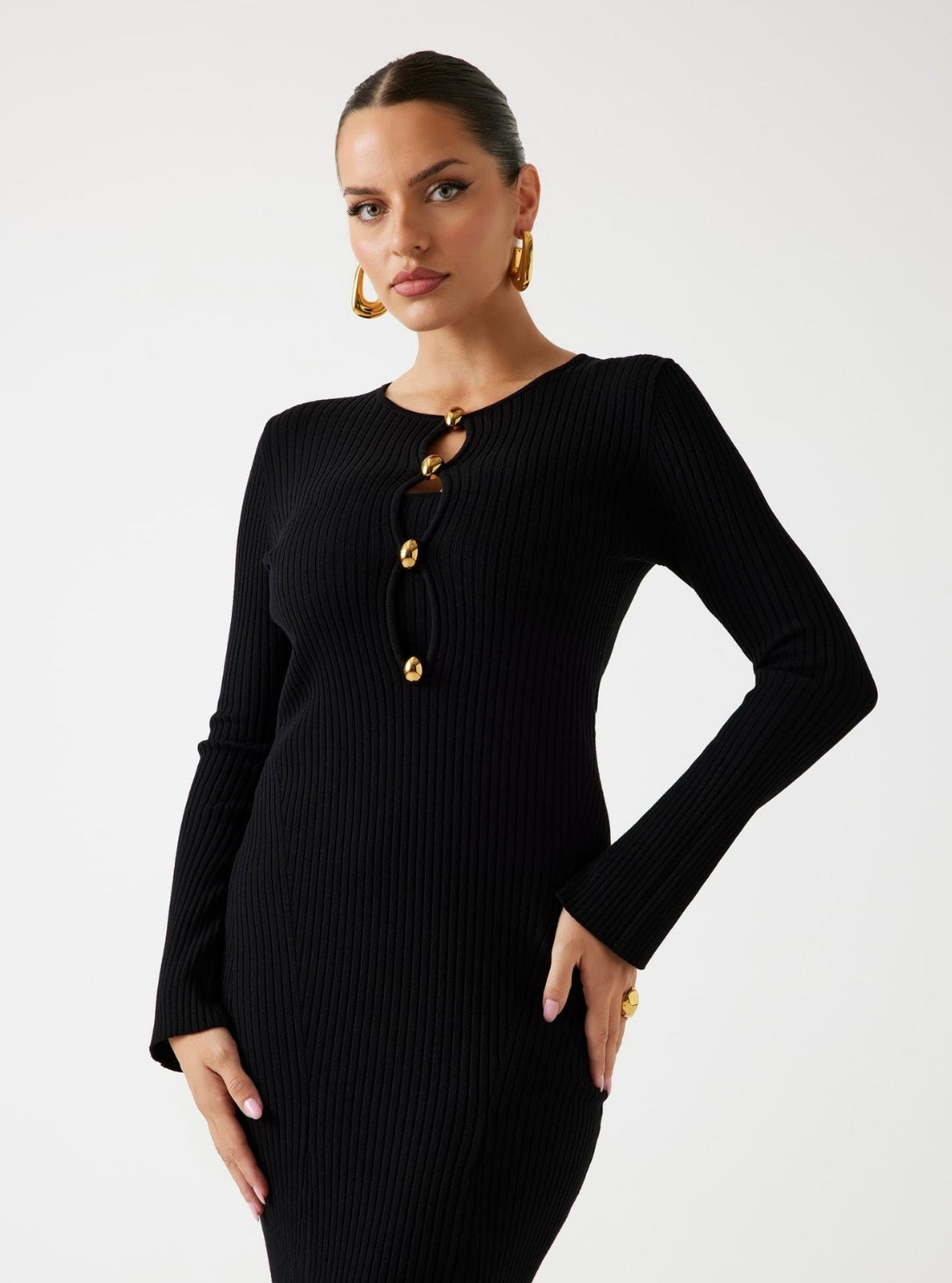GUESS Marciano Black Agathe Ribbed Midi Dress 5BGK555891Z  Front View