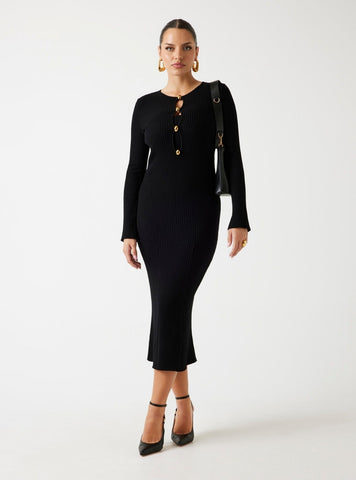 GUESS Marciano Black Agathe Ribbed Midi Dress 5BGK555891Z Front View