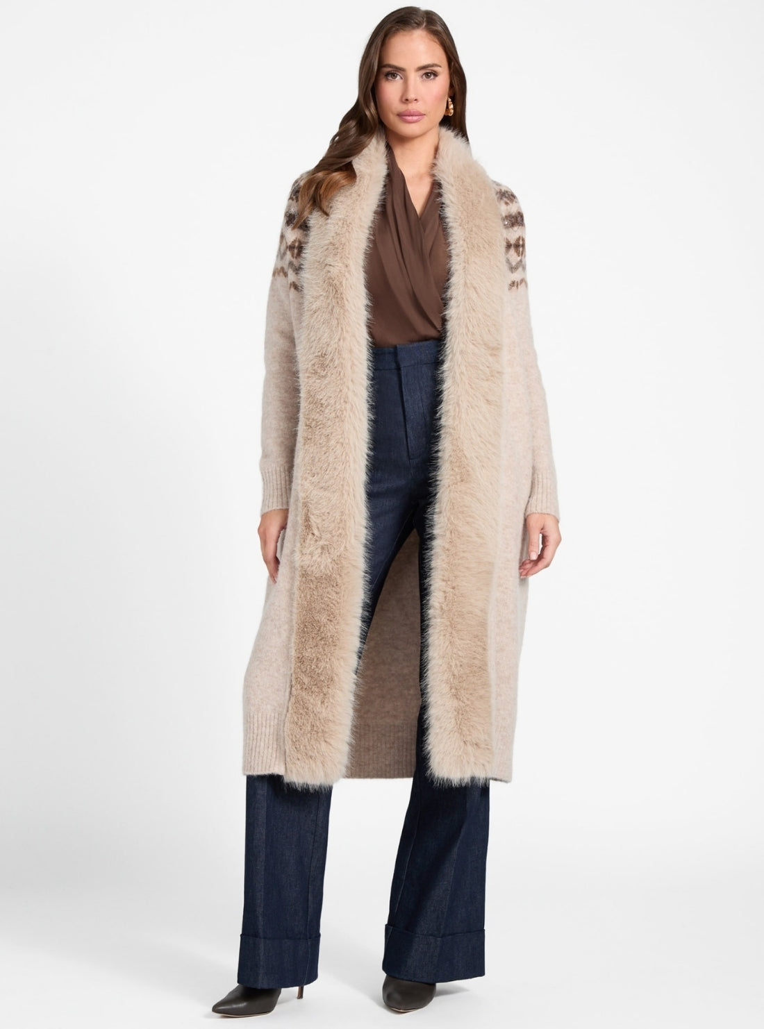 GUESS Marciano Beige Akilah Long Fur Cardigan 5BGR145786Z Full View