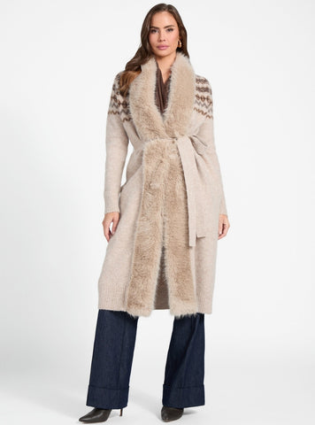 GUESS Marciano Beige Akilah Long Fur Cardigan 5BGR145786Z Front View