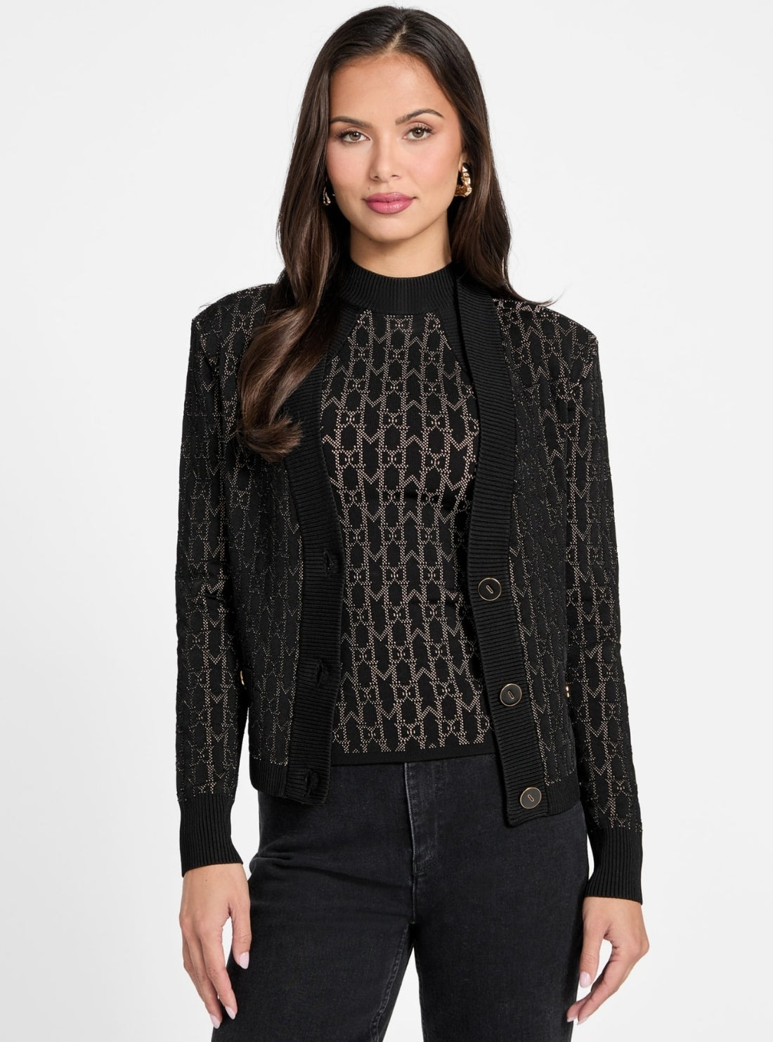 GUESS Marciano Black Billie Monogram Cardigan 5YGR065877Z Front View