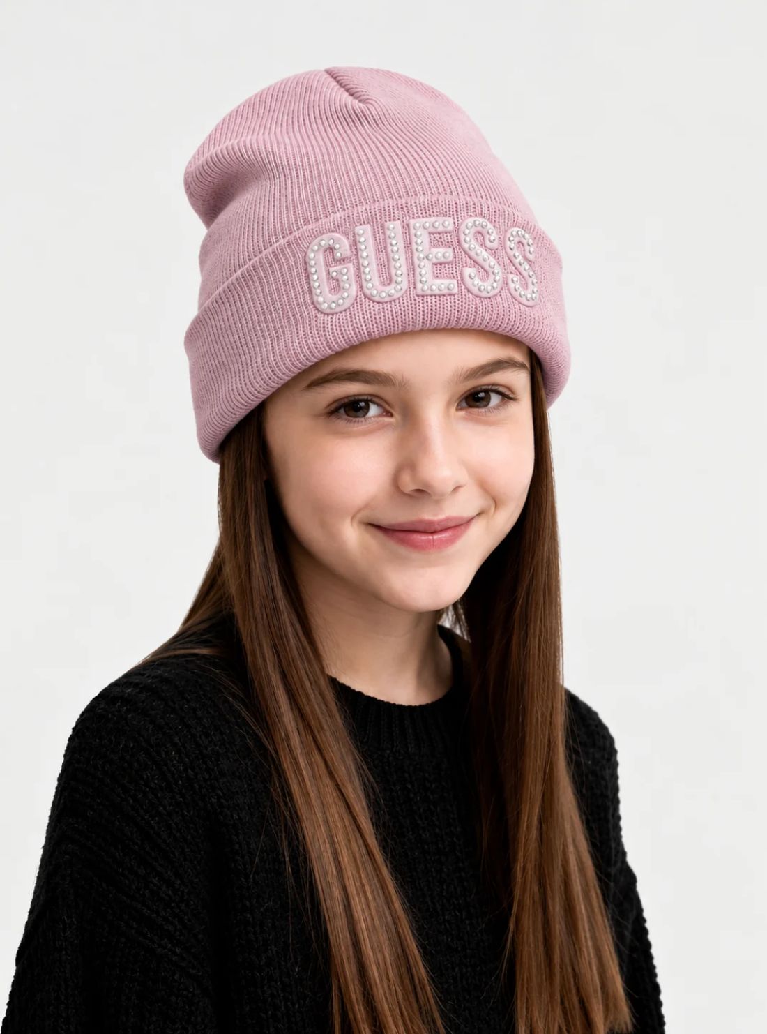 GUESS Accessories Pink Lilac Logo Beanie A0BZ01Z2QQ0 Model View