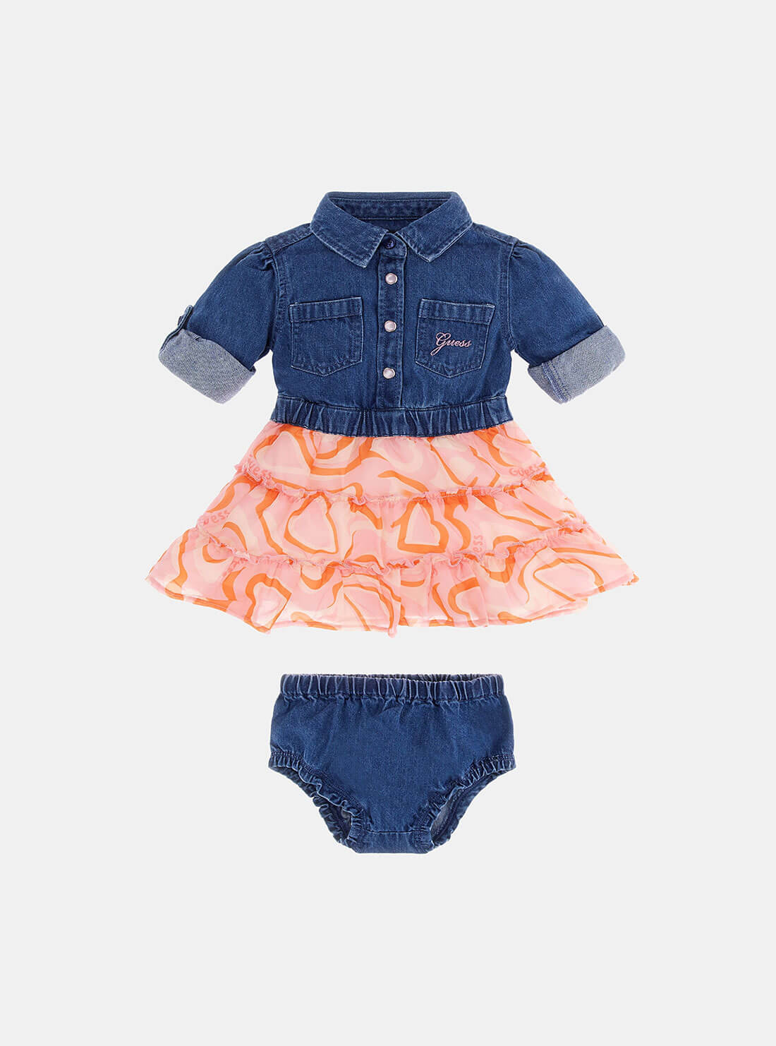 Blue Denim and Heart Print Dress with Panties Set (3-18M) | GUESS Kids | front view