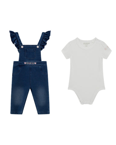 White Short Sleeve Bodysuit and Knit Denim Overalls (0-18m)