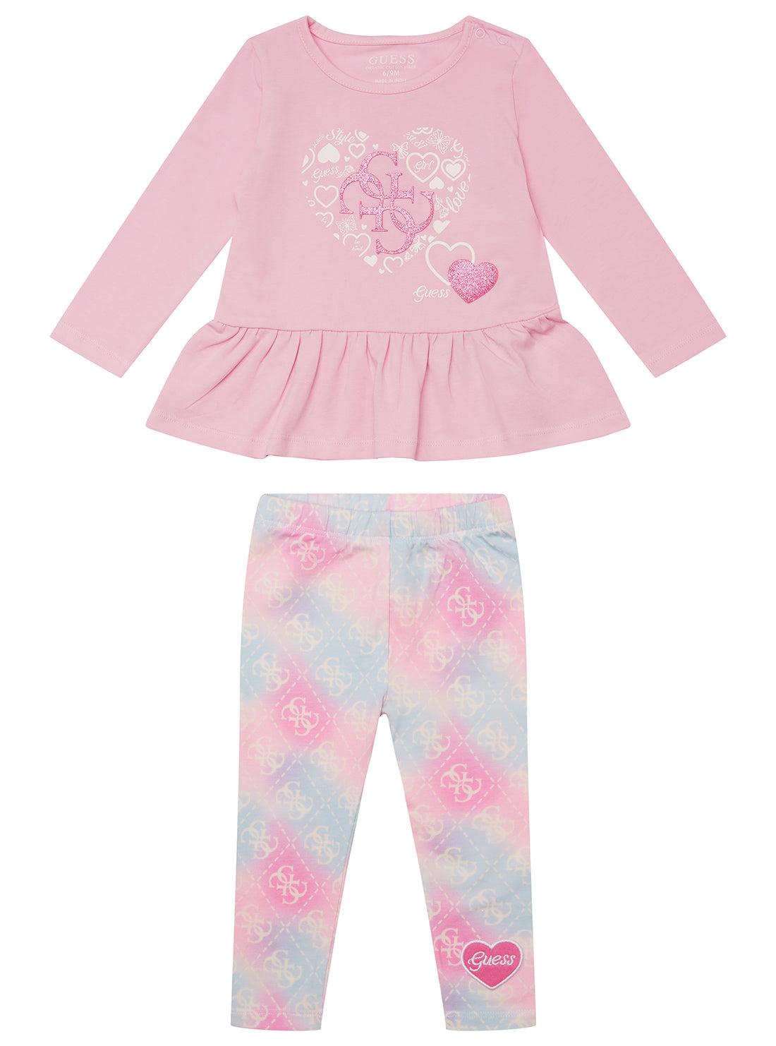 GUESS Kids Pink Multi Long Sleeve T-Shirt and Leggings Set (6–18m) Front View