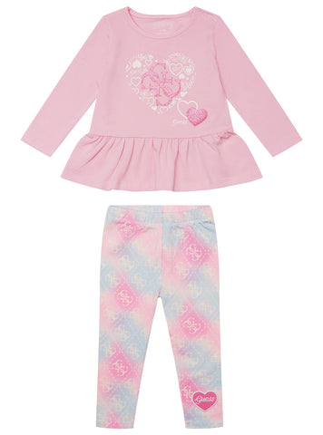 GUESS Kids Pink Multi Long Sleeve T-Shirt and Leggings Set (6–18m) Front View