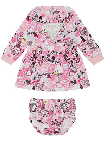 GUESS Kids Pink Multi Baby Girl Dress & Panty Set (0-12m) A5YK02KA6R4 Front View