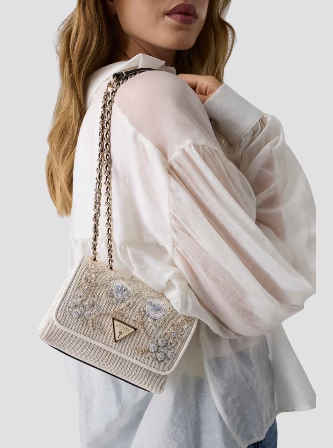GUESS Womens Beige Floral Giully Mini Convertible Flap Bag AE967374 Model View