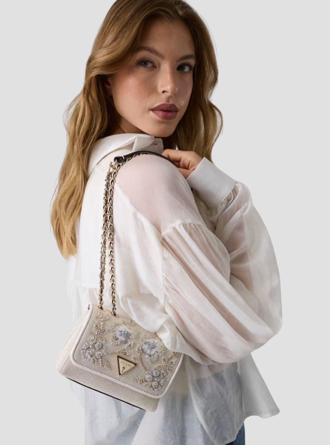 GUESS Womens Beige Floral Giully Mini Convertible Flap Bag AE967374 Model View