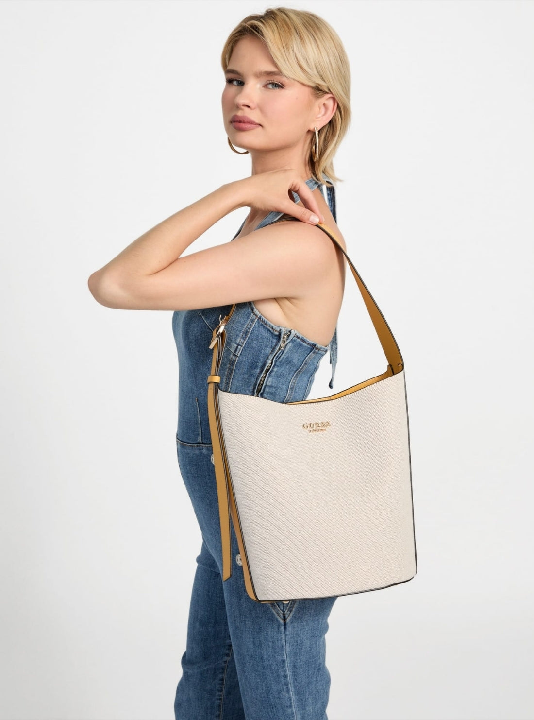 GUESS Women's Beige Orange Nicolette Large Bucket Shoulder Bag  AG966204 Model View