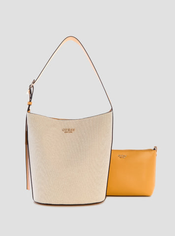 GUESS Women's Beige Orange Nicolette Large Bucket Shoulder Bag  AG966204 Front View