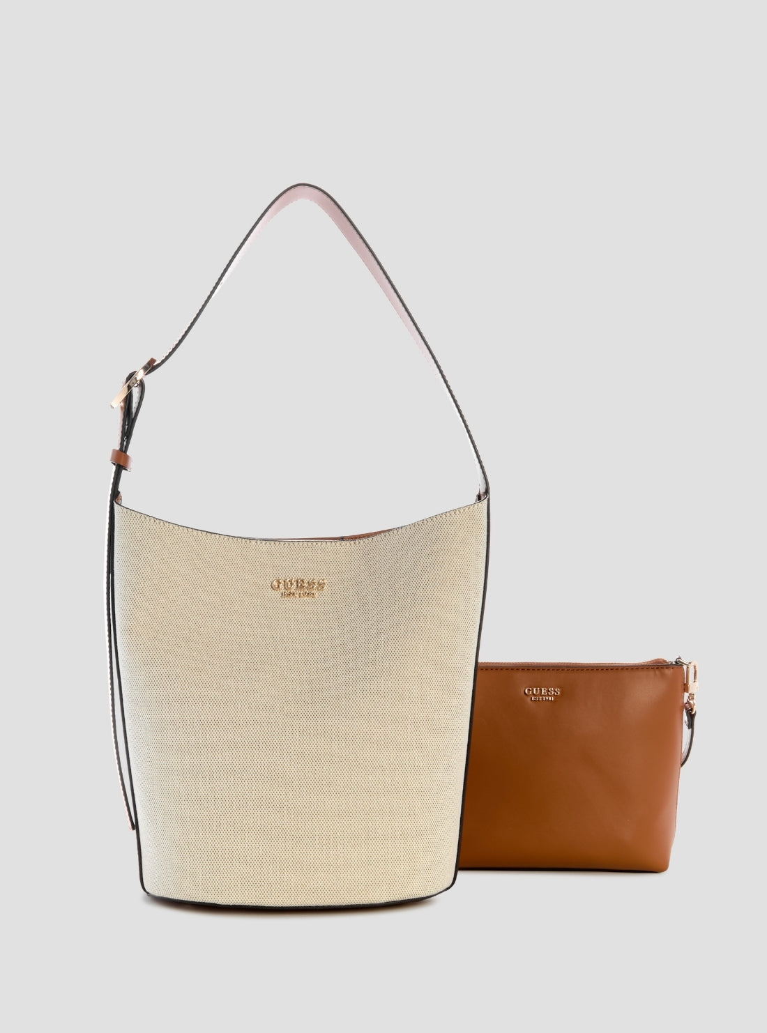 GUESS Womens Beige Caramel Nicolette Large Bucket Shoulder Bag AG966204 Front View