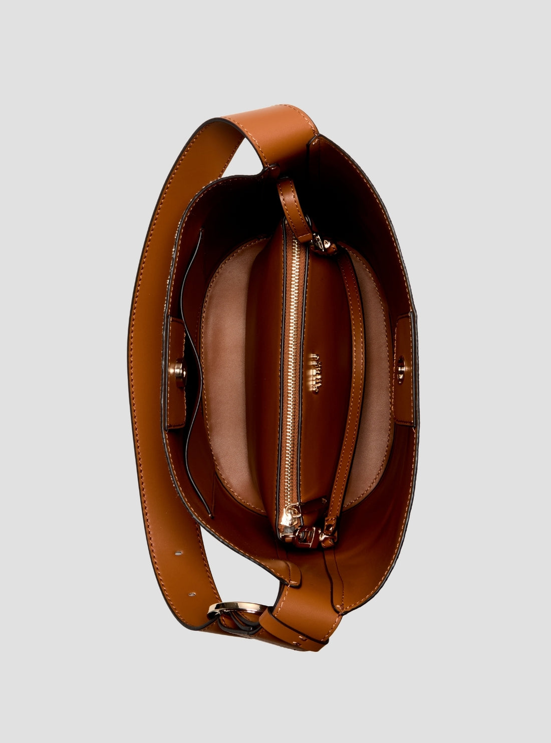 GUESS Womens Beige Caramel Nicolette Large Bucket Shoulder Bag Front Inside View