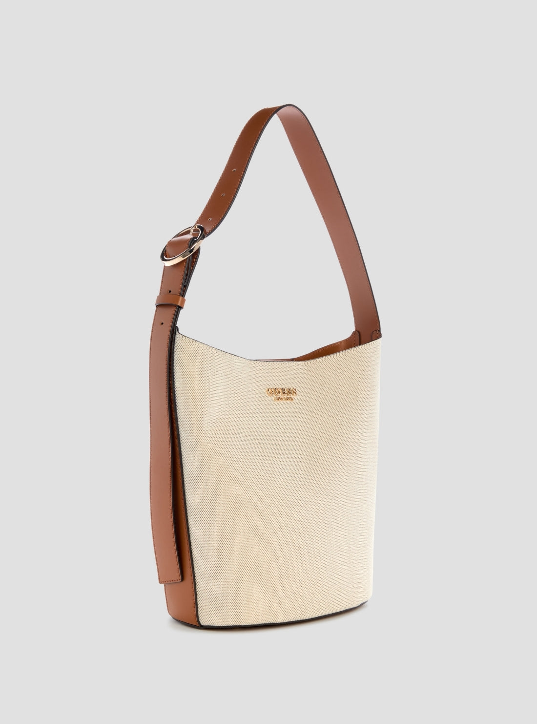 GUESS Womens Beige Caramel Nicolette Large Bucket Shoulder Bag Front Side View
