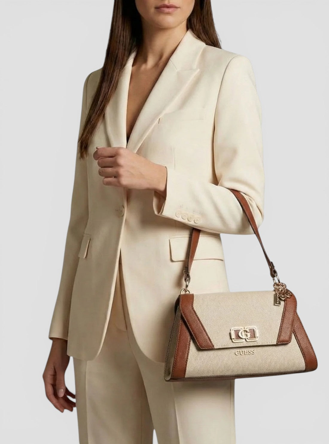 GUESS Womens Beige Brown Karnilla Flap Shoulder Bag AG971919 Handbag on Model