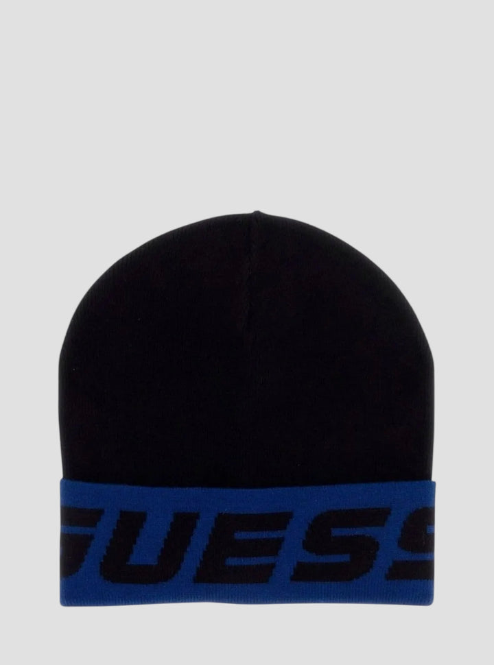 GUESS Accessories Black Blue Vezzola Knit Beanie AM9582POL01 Front View
