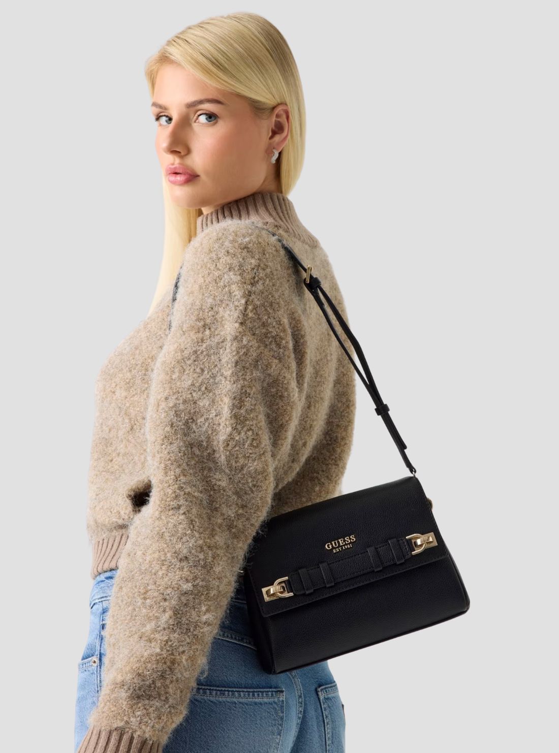 GUESS Womens Black Gregoria Flap Crossbody Bag BG854620 Model View