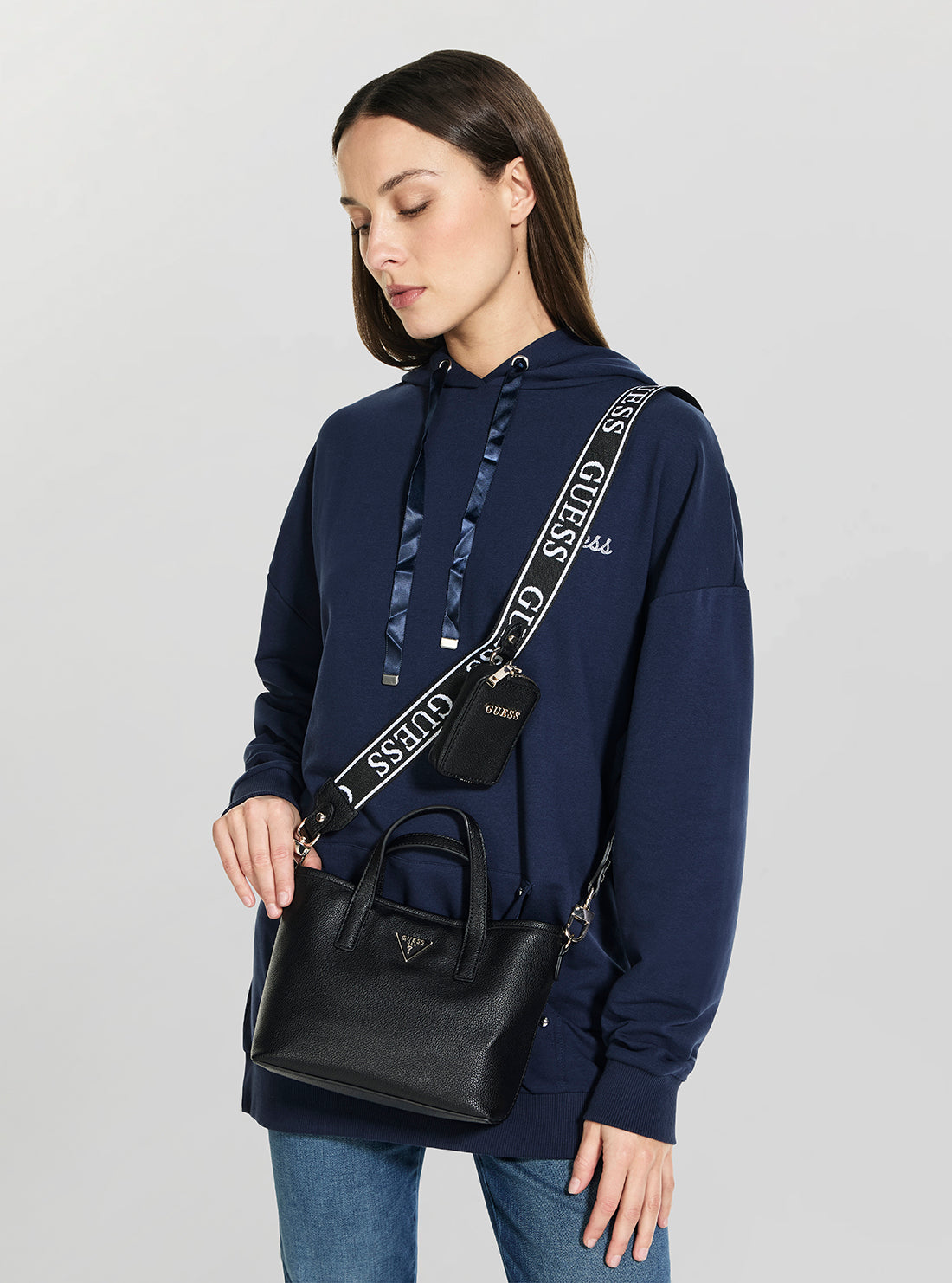 GUESS Womens Black Latona II Mini Tote Bag BG869175 Model View