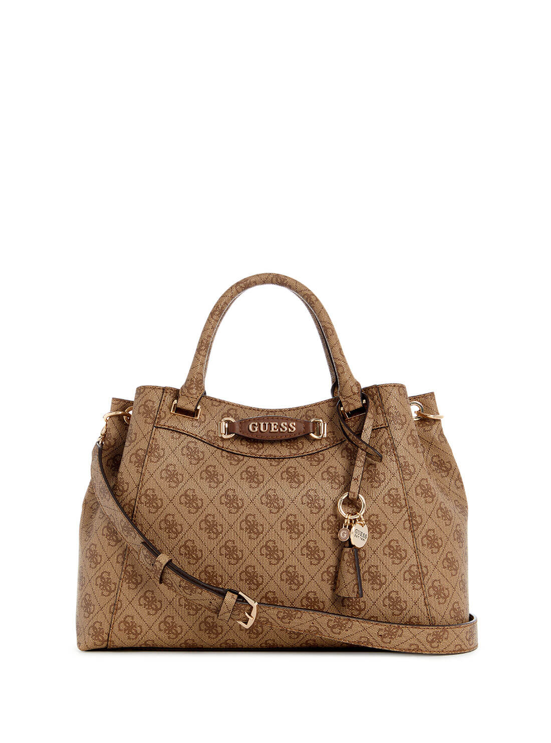 GUESS Beige Brown Logo Girlfriend Satchel Bag front view