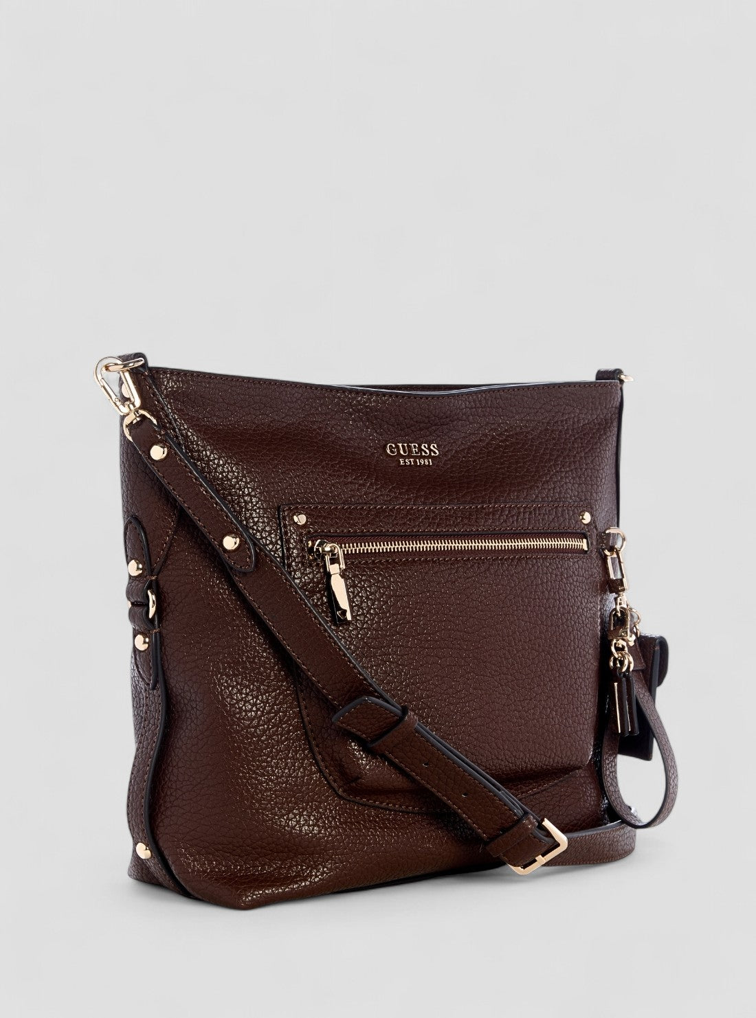 GUESS Womens Brown Marsha Crossbody Bucket Bag BG950104 Front Side View