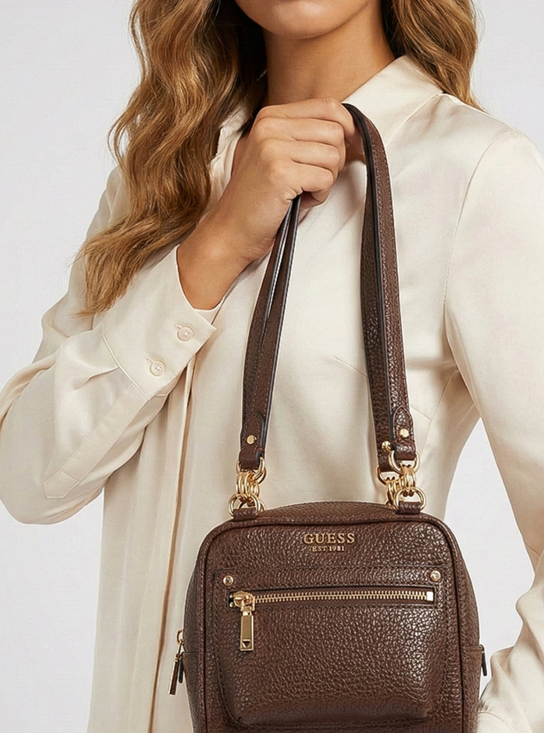 GUESS Womens Brown Marsha Box Shoulder Bag BG950117 Model View