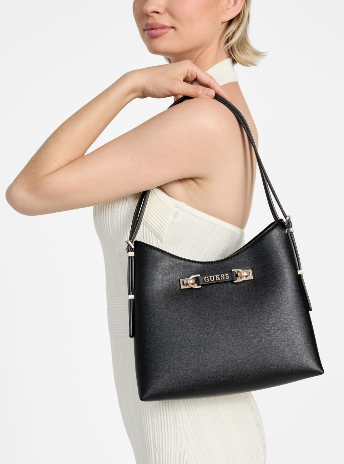 GUESS Womens Black Lefia Hobo Bag BG964401 Model View