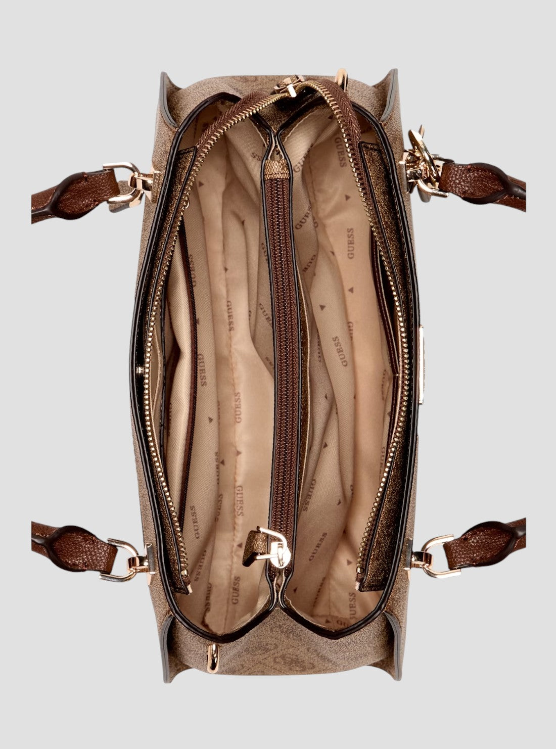 GUESS Womens Brown Logo Noelle Luxury Satchel Bag BG967207 Inside View