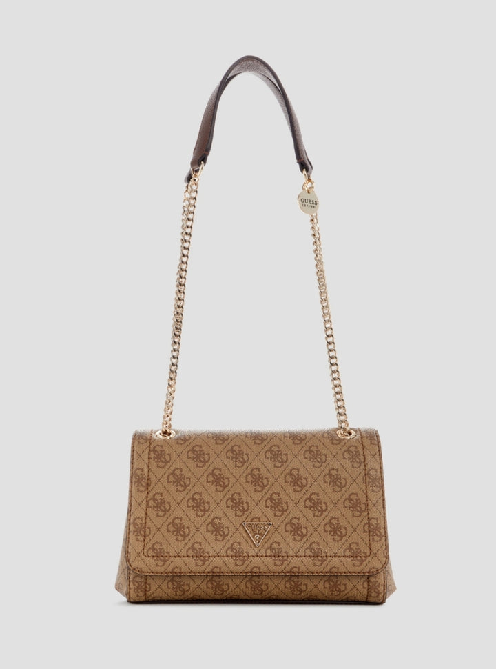 GUESS Womens Brown Logo Noelle Convertible Crossbody Flap Bag Front View