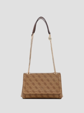 GUESS Womens Brown Logo Noelle Convertible Crossbody Flap Bag Front View