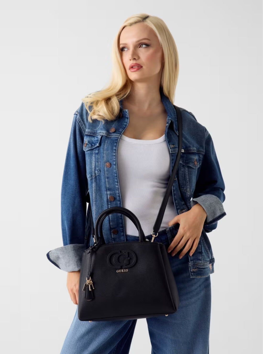 GUESS Womens Black Isola3 Compartment Satchel BG990506 Model View
