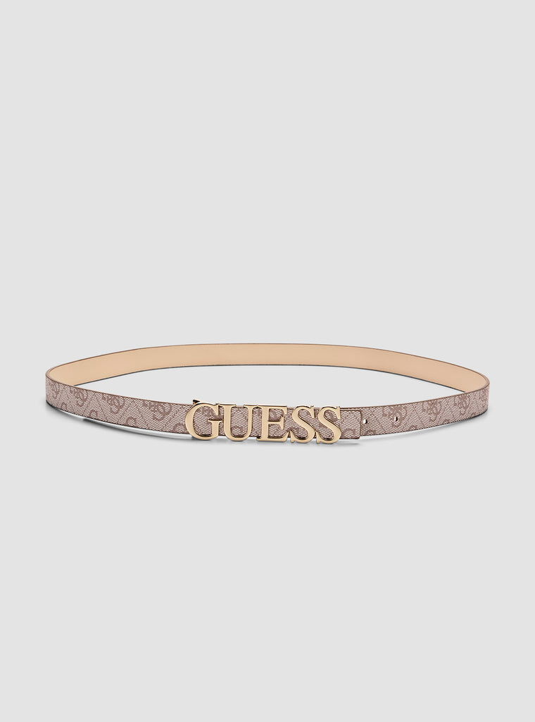 GUESS Cintura Donna Zamira 4G Logo, Modello Non Regolabile, Pelle E Poliuretano, Colore Marrone Con Fibbia Dorata, Taglie S/M/L