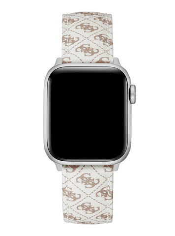 White Logo Leather Apple Strap (38-40MM) | GUESS Women's Accessories | front view