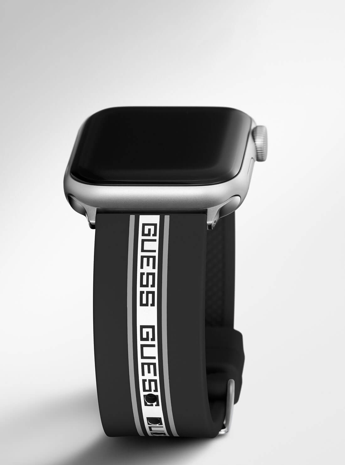 Black Logo Silicone Apple Strap (42-44MM) | GUESS Men's Accessories | detail view