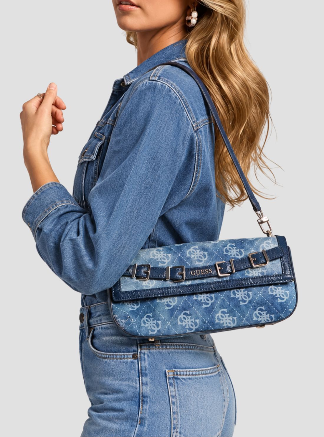 GUESS Womens Blue Logo Dovie Flap Shoulder Bag DG990919 Model View