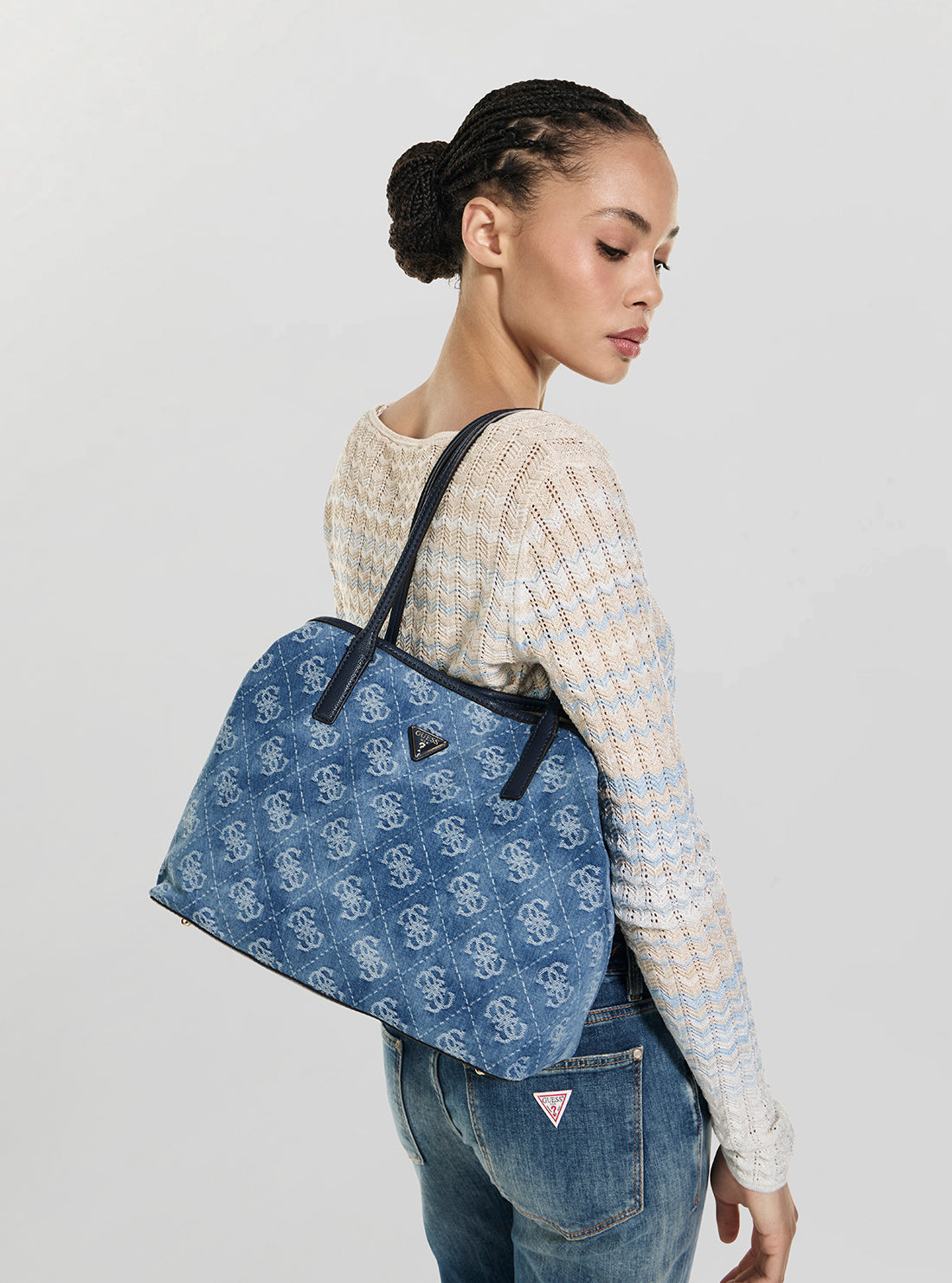 GUESS Womens Denim Logo Victtoria 2 In 1 Tote Bag DL951428 Model View