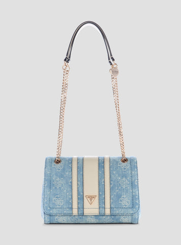 GUESS Womens Denim Logo Noelle II Convertible Crossbody Flap Bag DL967221 Front View