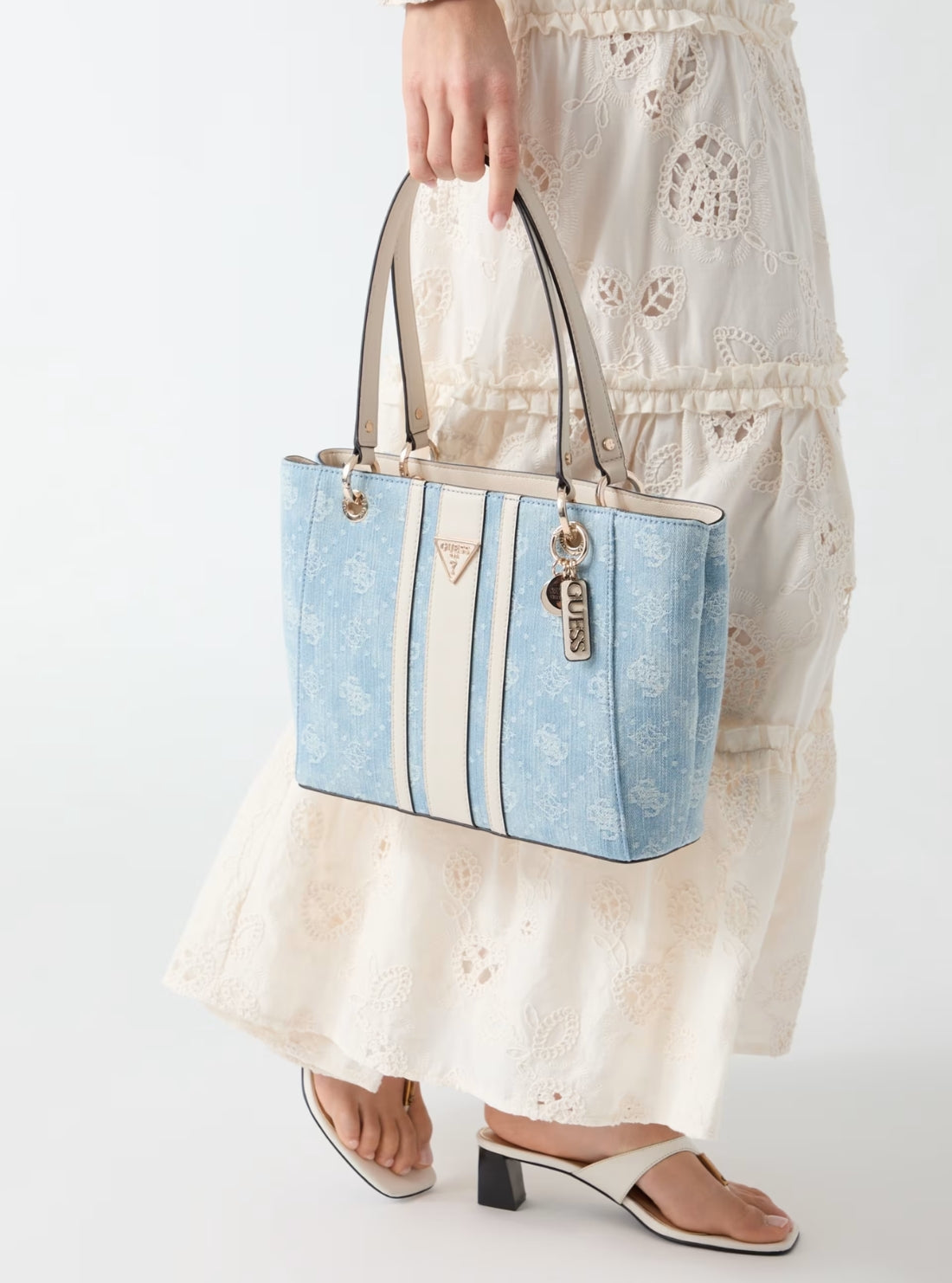 GUESS Womens Denim Logo Noelle II Small Tote Bag DL967224 Model View