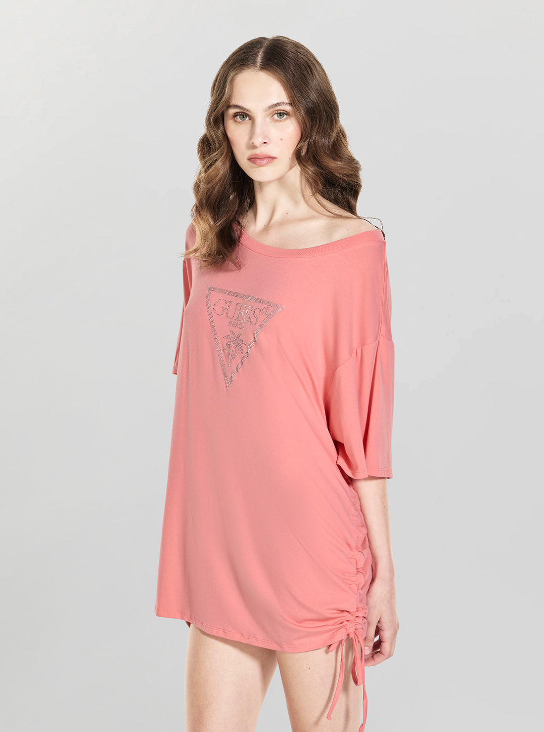 GUESS Womens Eco Pink Triangle Strass Maxi T-Shirt E4GI00K68D2 Front View2