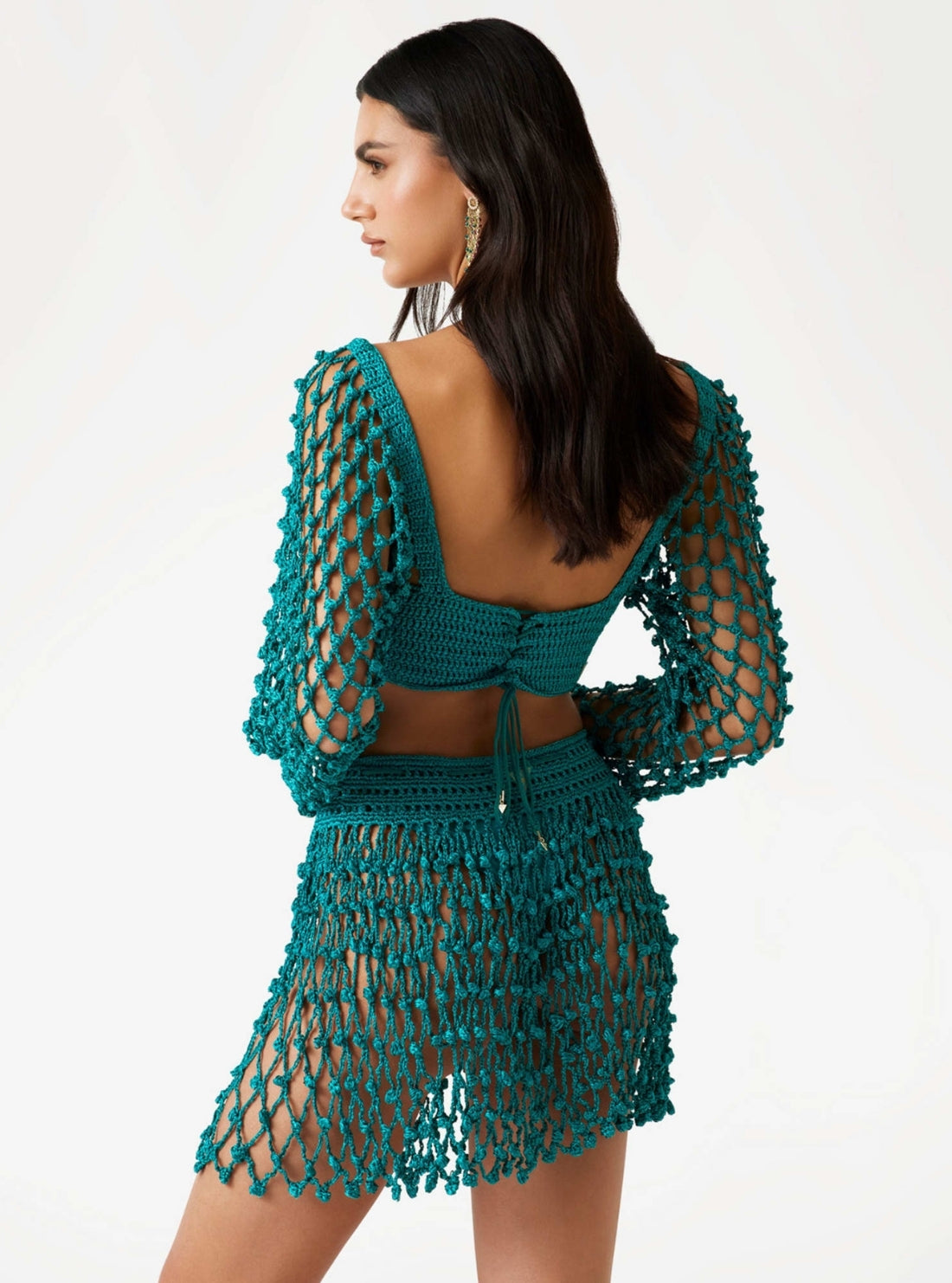 GUESS Womens Green Long Sleeve Scoop Neck Crochet Top E5GP03Z0090 Back View