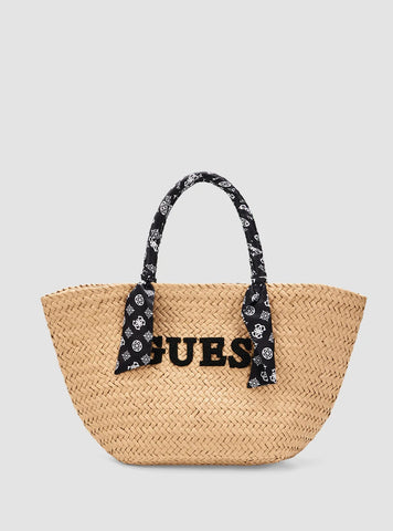 GUESS Womens Beige Black Beach Straw Bag E5GZ10WH660 Front View
