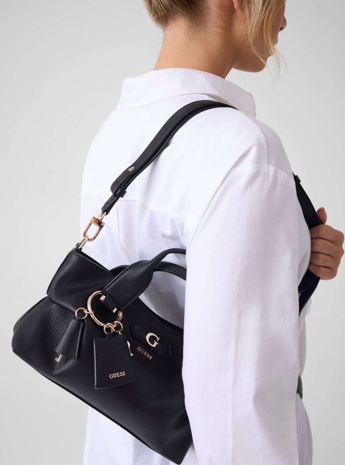 GUESS Womens Black Suzy Mini Compartment Satchel Bag BG232276 Model View2