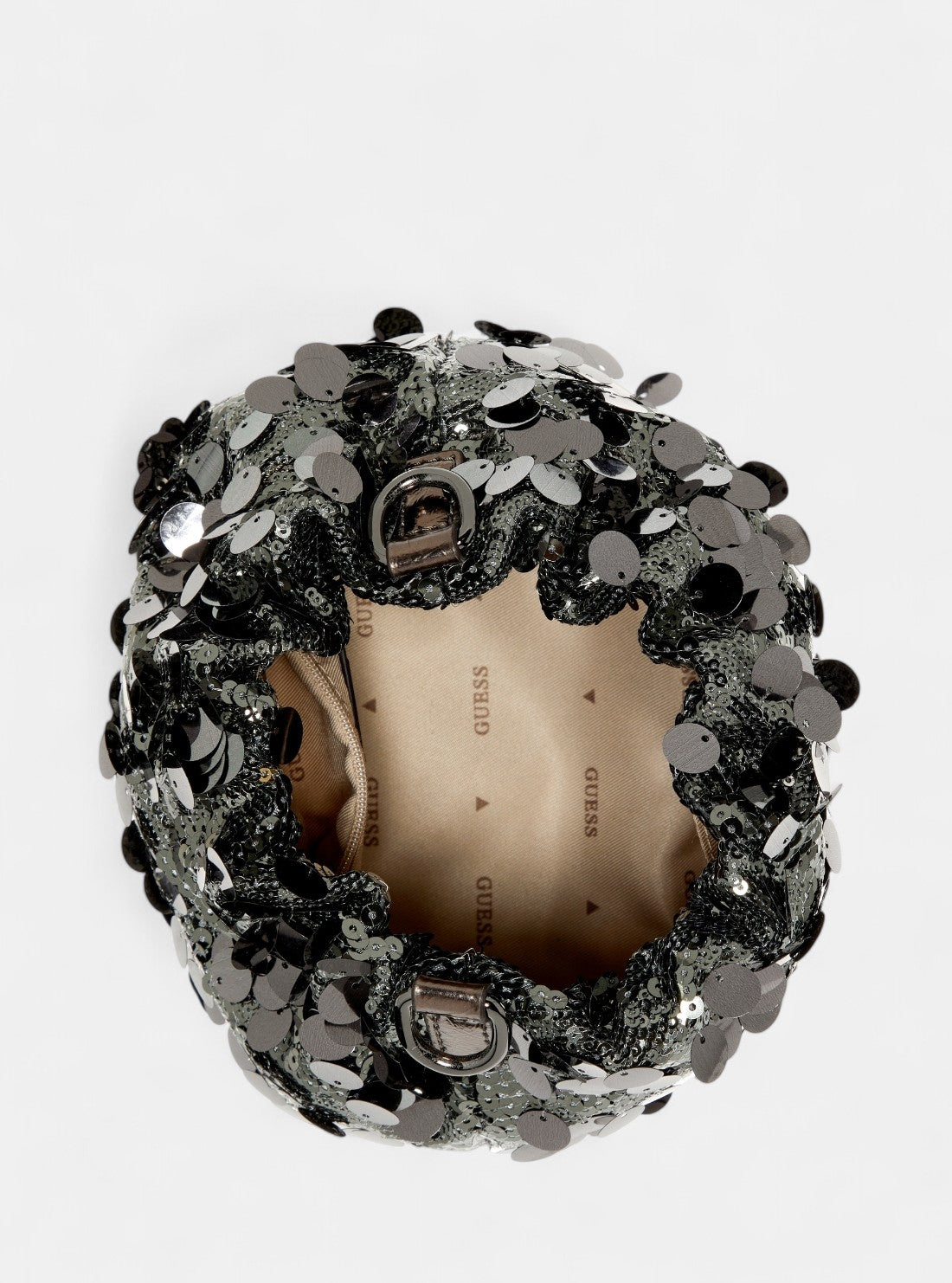 GUESS Womens Grey Metallic Holiday Shine Pouch Bag EM953875 Front Inside View