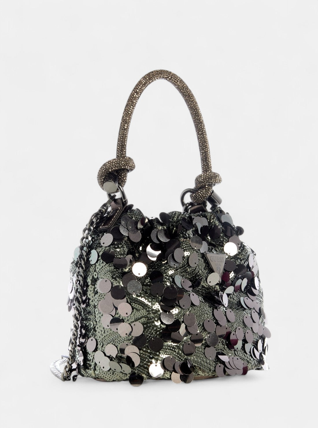 GUESS Womens Grey Metallic Holiday Shine Pouch Bag EM953875 Front Side View