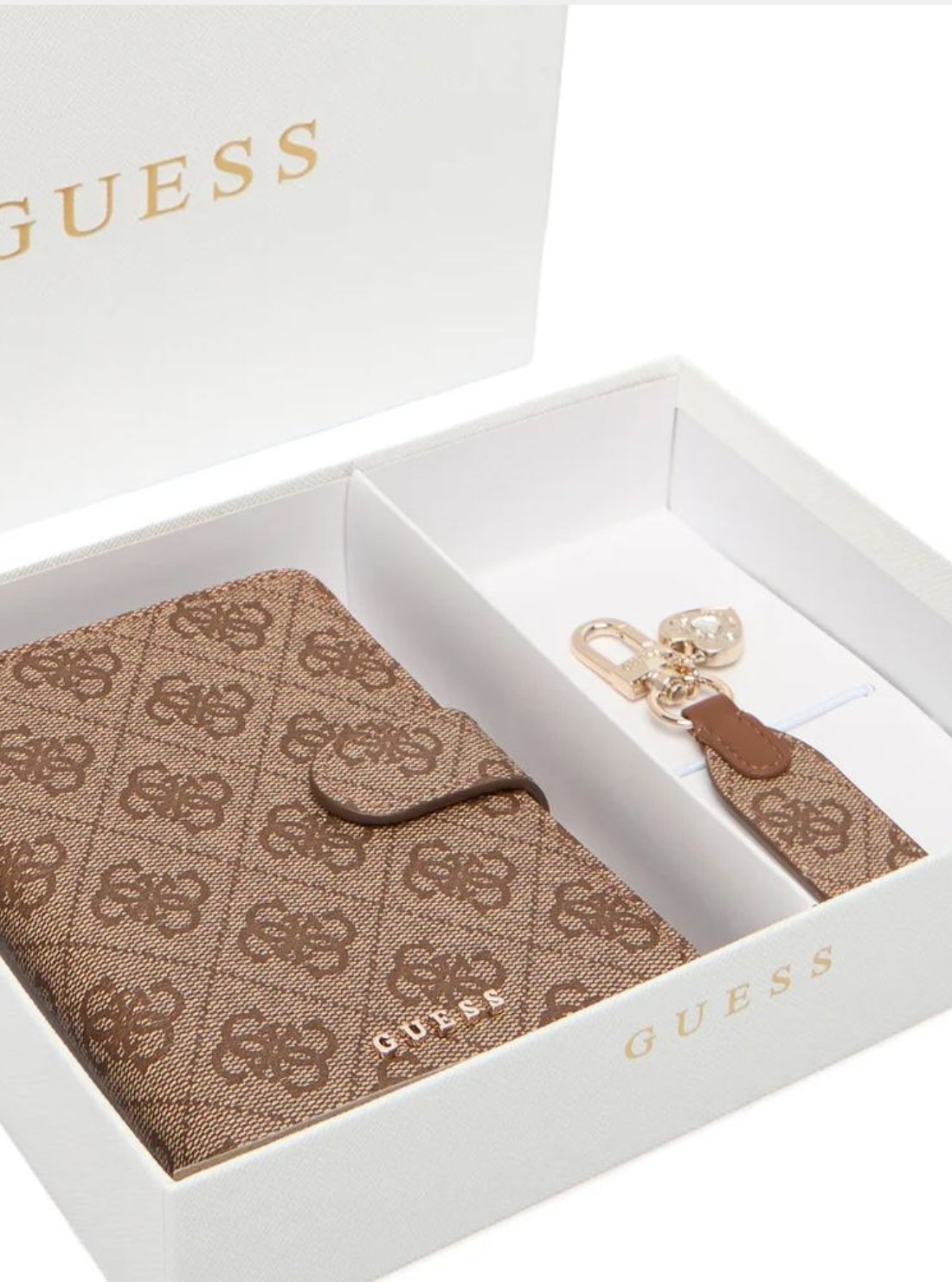 GUESS Accessories Brown Logo Passport Case Keyring Gift Set GFBOXWP5402 Packaging View