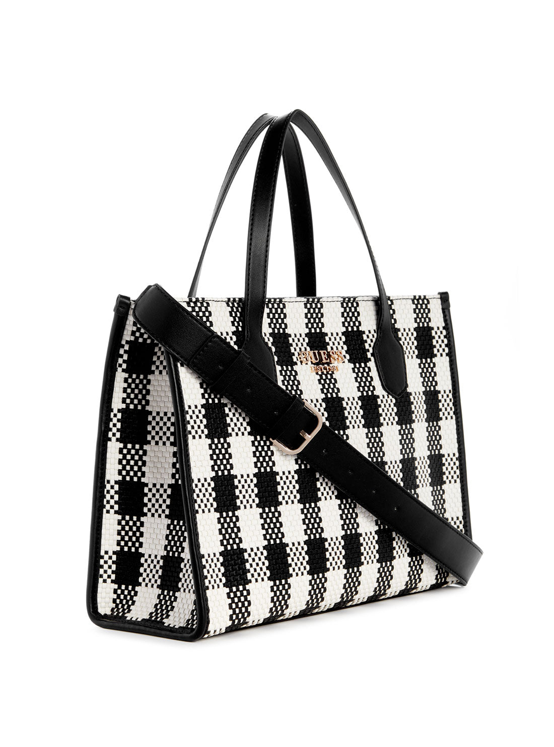 GUESS Black White Silvana Tote Bag side view