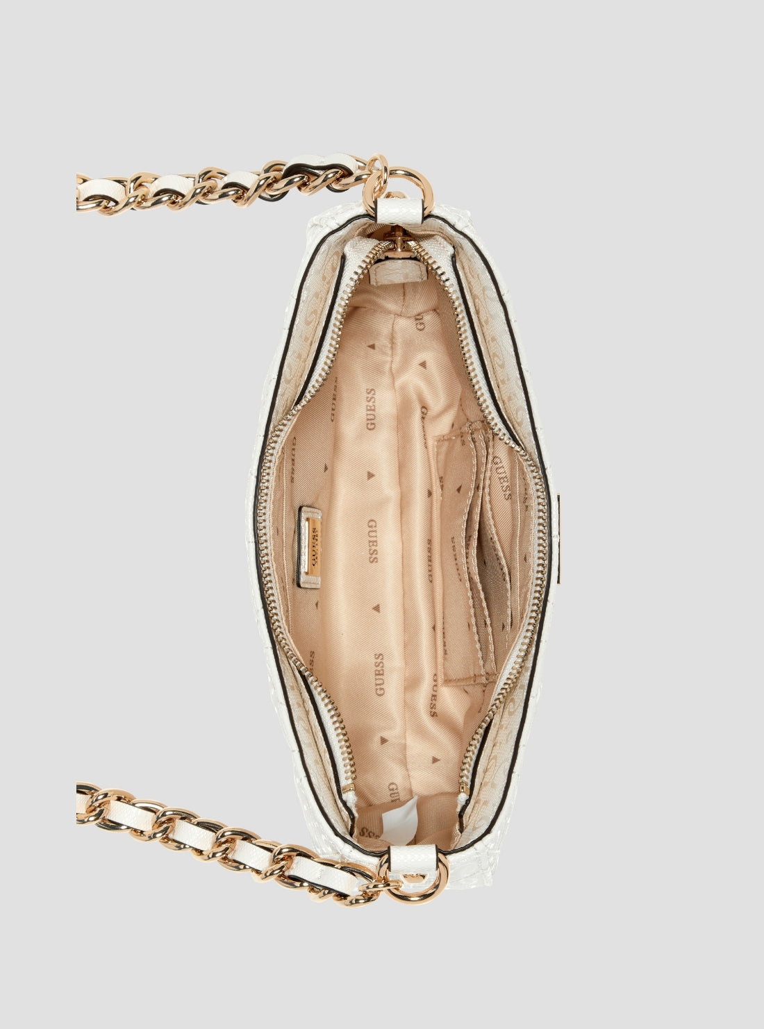 GUESS Womens White Aldina Top Zip Shoulder Bag GG966317 Inside View